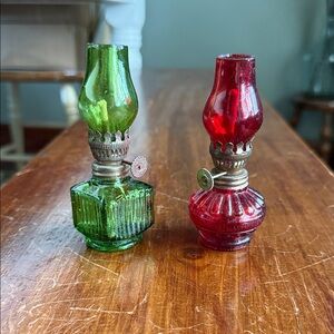 Vintage Glass Oil Lamps - Green and Red